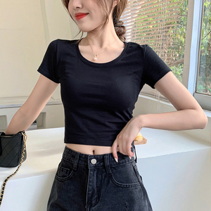 黑色短款短袖t恤露脐上衣女夏高腰紧身漏肚脐装性感网红衣服ins潮