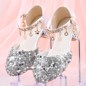 时尚银色高跟凉鞋小女孩皮鞋带跟纱裙蓬蓬裙晚礼服搭配单鞋春秋鞋