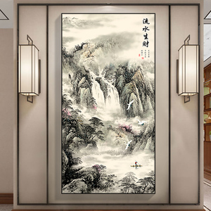 新中式入户玄关装饰画竖版山水挂画中国风招财走廊过道尽头墙壁画