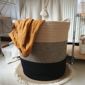 棉绳脏衣篓日式家用圆形编织收纳筐大号衣服储物篮客厅花盆装饰篮