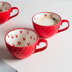 Annelies红色杯子爱心陶瓷杯马克杯水杯家用燕麦杯早餐杯A01121