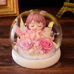 永生花玻璃罩玫瑰水晶球安妮天使桌面摆件表白送女朋友生日礼物