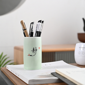 收纳盒创意文具圆形学生桌面陶瓷摆件毛笔中国风多功能办公笔筒