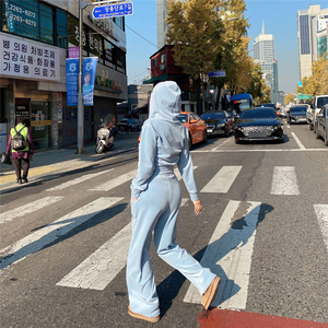 天鹅绒卫衣套装女2024年秋季新款韩版宽松蓝色休闲时尚女装两件套