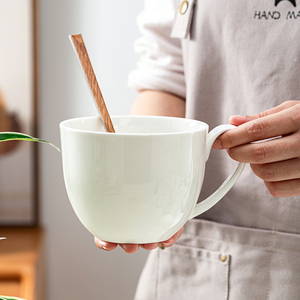 景德镇骨瓷碗早餐杯子可微波带勺子大容量燕麦杯有手把防烫牛奶杯
