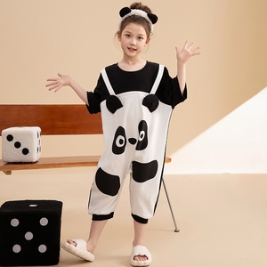女童睡衣短袖纯棉连体衣薄款夏天中大童熊猫儿童宝宝防踢被家居服
