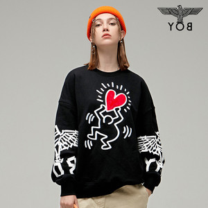 boy时尚潮流keithharing联名红心绒布绣女套头圆领卫衣260102
