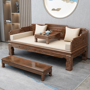 新中式罗汉床实木三件套禅意老榆木家具现代客厅组合沙发推拉床榻