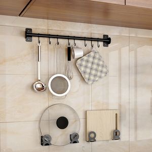 黑色不锈钢厨房置物壁挂式免打孔挂杆挂钩汤勺子锅盖厨具收纳用品