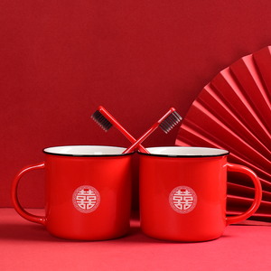 结婚漱口杯陶瓷红色情侣洗漱杯套装牙缸一对家用新婚刷牙杯子定制