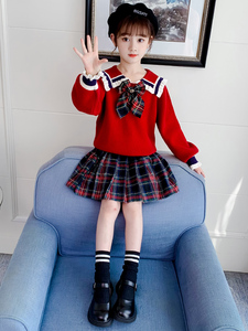 女童学院风裙子2024新款春秋韩版中大童洋气红色毛衣百褶裙两件套