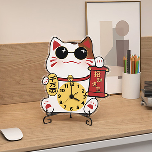 创意招财猫台钟客厅家用时尚座钟迷你钟表摆放式儿童桌面时钟摆件