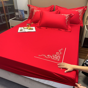 纯棉婚庆床笠单件大红色结婚床罩三件套新婚床单陪嫁席梦思床垫套