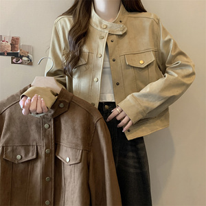 支支家大码女装秋冬新款韩版设计感鹿皮绒显瘦短款长袖夹克外套女
