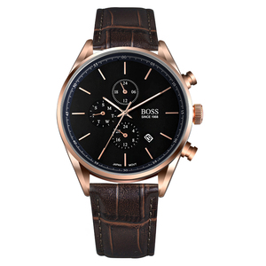 boss商务休闲六针腕表2022年新款防水真皮表带双日历男士石英手表