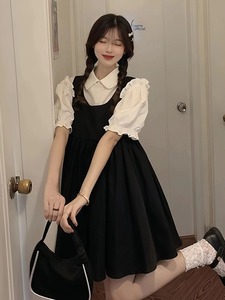 黑色背带裙子女夏季学院风连衣裙小个子可爱公主蓬蓬裙套装两件套