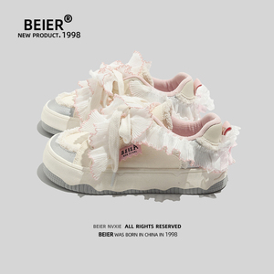 BEIER原创小众板鞋2024春季新款厚底百搭丝带鞋子潮流做旧毛毛鞋