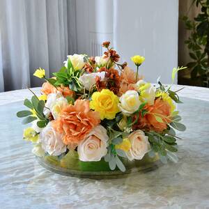 餐厅餐桌圆形桌花桌子布置假花酒店圆桌转盘摆花会议室桌装饰台花