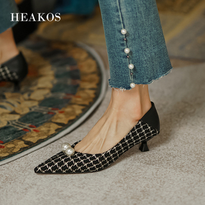 chic赫本小香风尖头浅口单鞋女中跟法式复古珍珠格子小高跟猫跟鞋