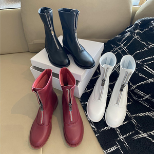 guidi靴子女短靴2024新款洋气加绒皮靴白色平底低跟鞋子红色婚靴