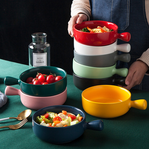 北欧家用烘焙焗饭碗烤箱专用早餐碗泡面碗芝士带柄餐具陶瓷沙拉碗