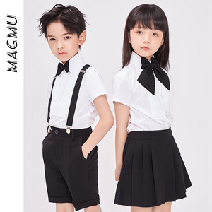 麦格牧儿童白衬衫黑裤子套装男孩女孩免烫长袖白色衬衣小学生班服