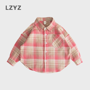 LZYZ童装男童衬衫中小童儿童衬衣长袖格子上衣春秋装磨毛棉外套潮