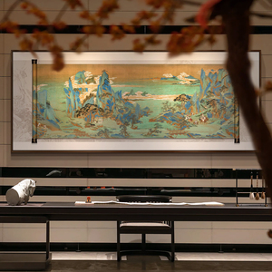 新中式客厅装饰画别墅茶室背景墙立体卷轴装置实物画酒店大幅壁画