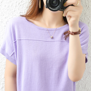 纯棉线短袖针织t恤衫女圆领套头宽松背心上衣全棉线打底衫夏薄款