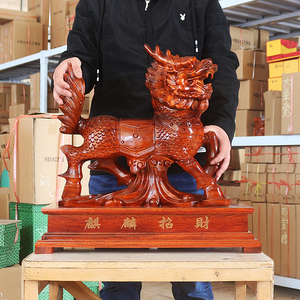 木雕麒麟摆件实木镇宅辟邪红木大号摆设招财进宝风水麒麟一对客厅