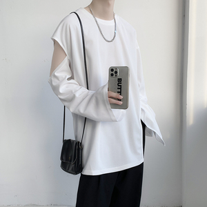 夏季新款长袖t恤男露肩圆领开叉百搭潮牌ins运动青少年嘻哈风体恤