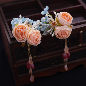 皇禹翔汉元素头饰仙气绢花发饰森系月季头花古风对夹流苏后压边夹