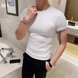 春夏新款韩版修身男士纯色短袖T恤型男弹力紧身圆领T恤黑白打底衫
