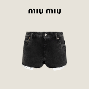 Miu Miu 缪缪女士徽标饰毛边牛仔丹宁短裤