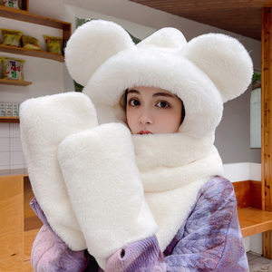 小熊帽子围巾口罩一体冬季女户外骑车防风加绒加厚连帽围脖保暖帽