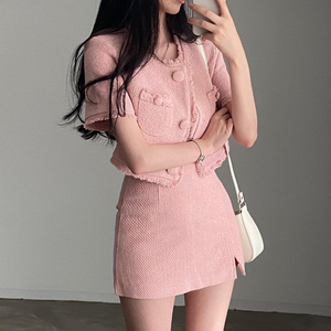 粉色小香风套装裙女2022年新款夏季轻熟风港味包臀半身短裙两件套