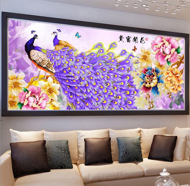 蒙娜丽莎十字绣富贵花开孔雀图
