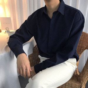 深蓝色长袖衬衫男春夏季高级设计师款潮牌衬衣免熨烫垂感休闲上衣
