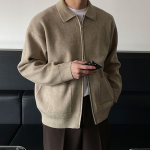 卡其色翻领针织开衫男士春季新款韩版时尚个性双拉链设计毛衣外套