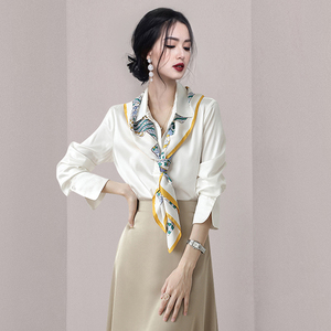 小众设计女装丝巾搭配白衬衫法式高级感秋装气质chic港味上衣长袖