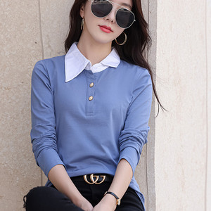 纯棉长袖t恤女秋装显瘦翻领体桖带领子上衣秋衣外穿设计感打底衫