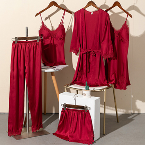 睡衣女春秋冰丝绸五件套装红色仿真丝性感睡袍睡裙夏季薄款家居服