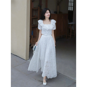 韩系白色套装裙早夏季高级感小众方领蕾丝镂空短上衣半身裙两件套