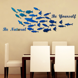 3D亚克力立体镜面墙贴卧室客餐厅创意小鱼群店铺主题墙面装饰自粘