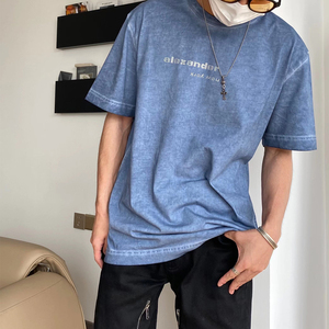 sss 水钻做旧雾霾蓝wang水洗复古潮流宽松设计高级小众男短袖t恤
