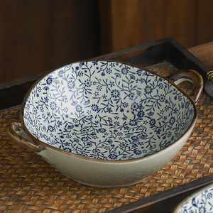 双耳汤碗陶瓷防烫手柄汤盆吃面条碗个性复古餐具商用螺蛳粉专用碗