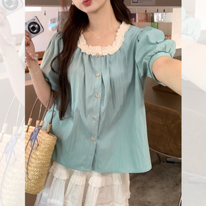 洛骄庄法式甜美泡泡袖蕾丝拼接短袖衬衫夏季设计感气质宽松上衣女