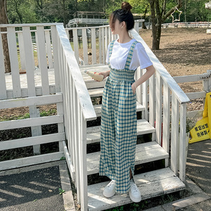 兰色格子背带裤女夏高腰设计感休闲裤可盐可甜减龄宽松阔腿裤套装
