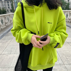 荧光绿连帽卫衣女加绒2022春秋新款韩版宽松中长款薄款外套慵懒风