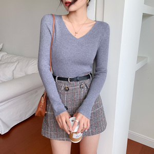 深灰色套头v领毛衣女春秋冬季2022年新款修身针织打底衫上衣长袖